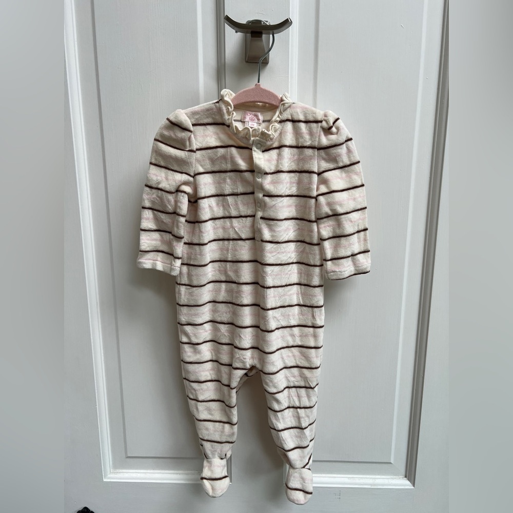 Chaps 9M Cream, Brown and Pink Stripe Velor Ling Sleeve Footie Pajamas